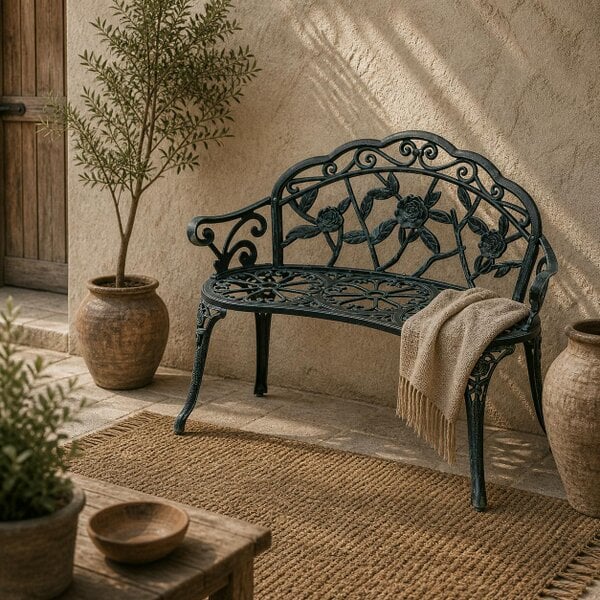 Wyld Haus Rakeba Cast Aluminium Antique Green 2 Seater Garden Bench With Floral Backrest