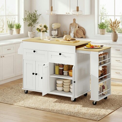 HOMCOM Rolling Kitchen with USB Ports & Power Outlets, Storage, White