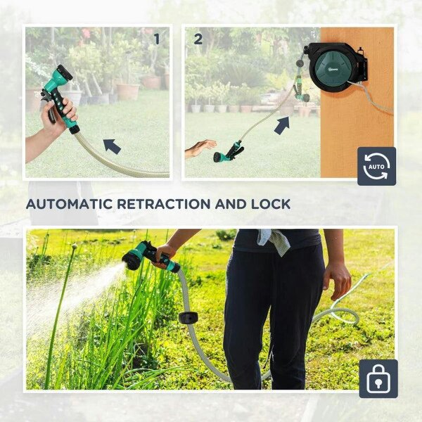 Bobobiy Retractable Hose Reel Wall Mounted, 30+2m Garden Hose Pipe Reel with Lock, 7 in 1 Spray Nozzle, 180° Swivel, 59 x 23 x 42 cm, Green