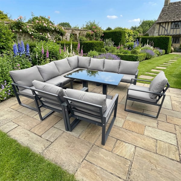 Fimous 9 Seater Aluminum Outdoor Garden Furniture Set with Corner Sofa, 3 Arm Chairs & Adjustable Rising Dining Table - Dark Grey