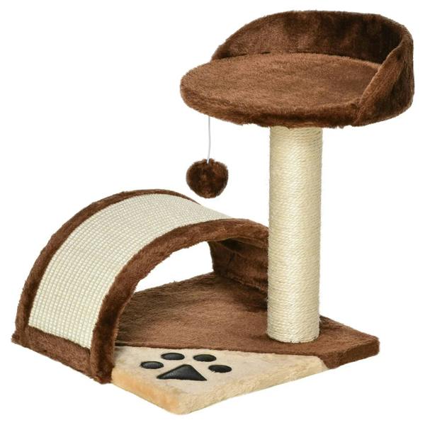 Brown cat tree scratching post with round perch, arch scratcher, and hanging ball