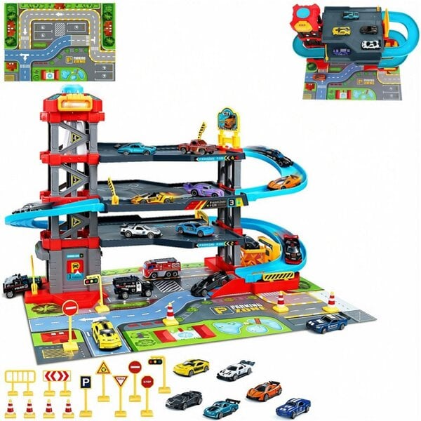 deAO 64-Piece 3-Level Racing Track Garage Playset with Cars, Ramps, Lift & Lights (Ages 3+)