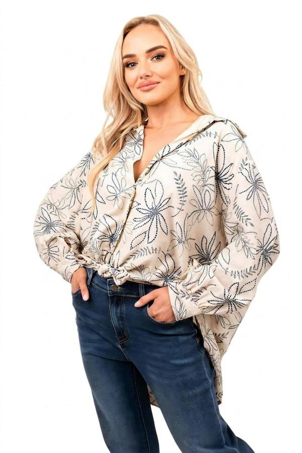 Erin Floral Print Oversized Long Sleeve Button Down Top - Beige_wb