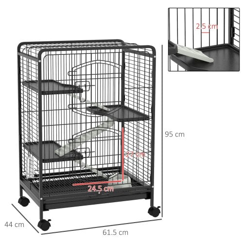 PawHut 4 Levels Small Animal Cage w/ Ramps, Bowl, Water Bottle, Tray, Wheels