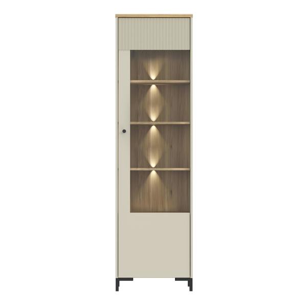 Furniture To Go Bixbite Tall Display Cabinet with Fluted Detail, Door & Open Shelving in Mauvella Oak and Sand