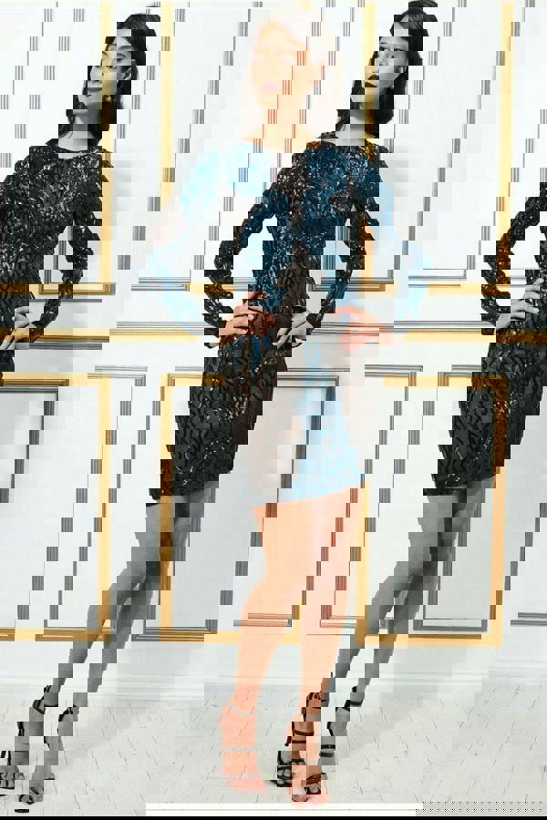 Boat Neck Full Sleeve Sequin Midi Dress - Teal DR3008