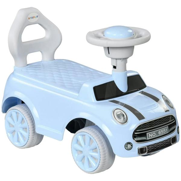 Light blue kids ride-on car with steering wheel and horn button