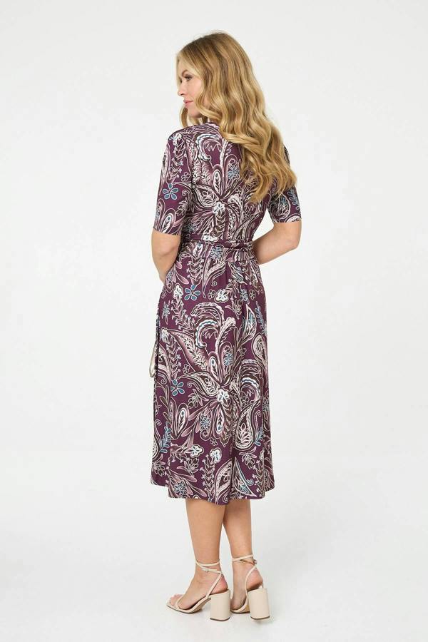 Purple | Paisley 1/2 Sleeve Faux Wrap Midi Dress