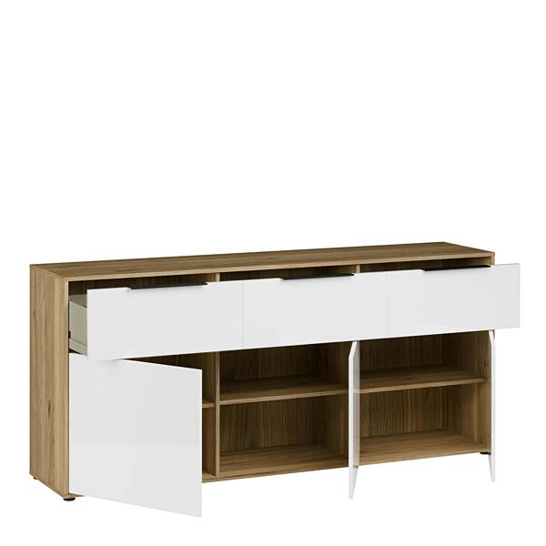 Furniture To Go Orkney 3 Drawer Sideboard with 3 Doors in Mauvella Oak and White Gloss