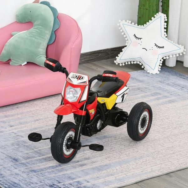 Red and black ride-on motorcycle tricycle with front headlight and three-wheel frame