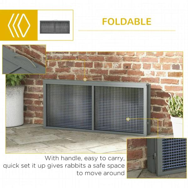 Foldable grey wire rabbit hutch with carry handle and hinged side panels