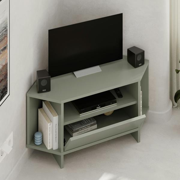 Decortie Modern Viva Corner TV Unit Shelf up to 36 Inch TVs Push to Open Storage Cabinet, 3 Open Shelf Media Centre 95.7(W)cm
