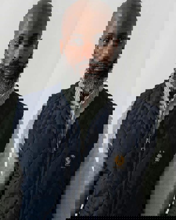 Model wearing Belstaff Base Mens Gilet in Dark Ink - Detail