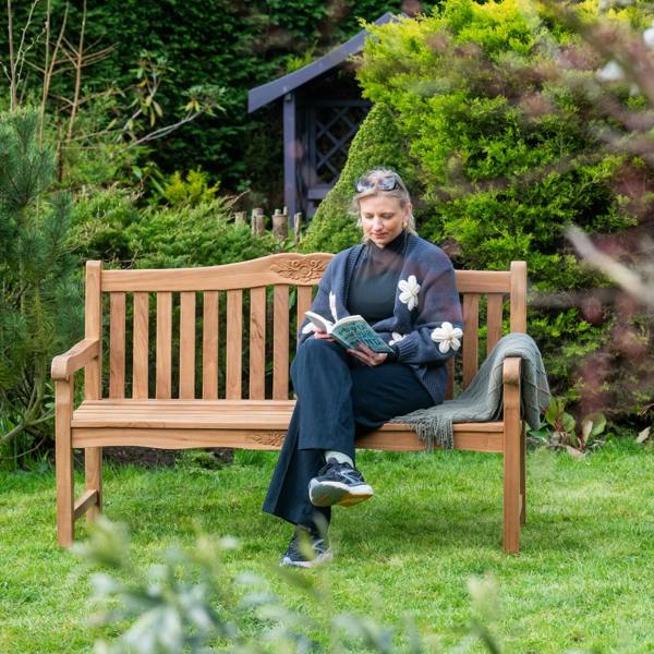 The Garden Marketplace Solid Teak 3 Seater Garden Bench with Flower & Leaf Carvings