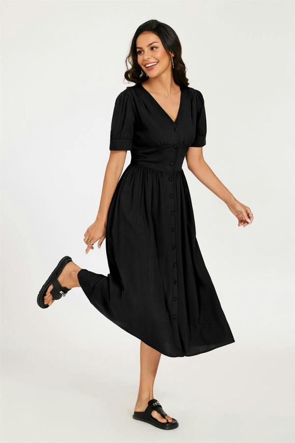 FS Collection Button Front Short Sleeve Midi Dress In Black