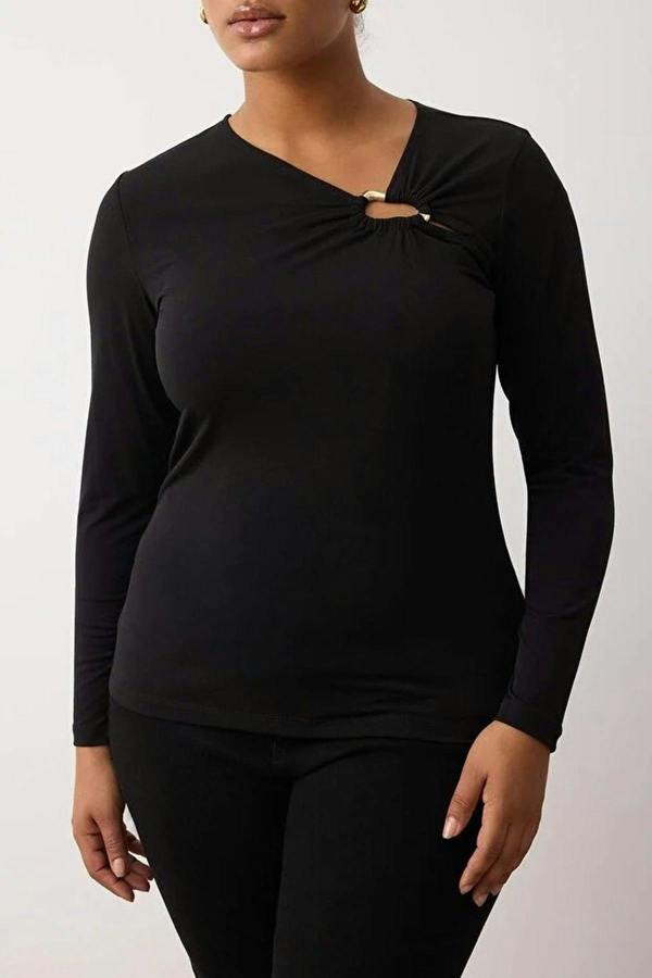 WOVCOR Asymmetrical Collar Accessory Detail Knitted Plus Size Blouse