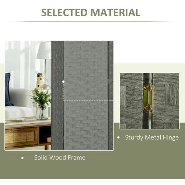 Grey room divider with solid wood frame and metal hinge detail; woven panels