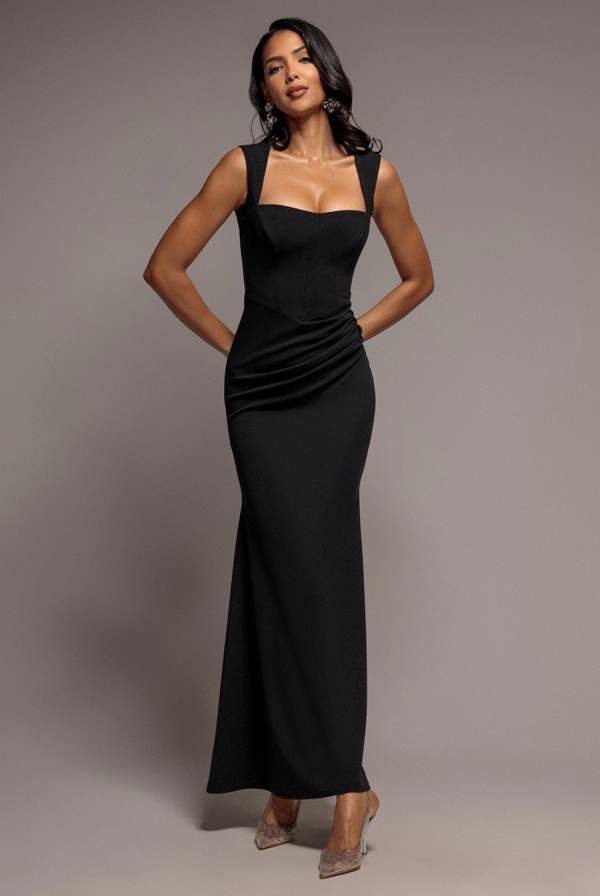 Sleeveless Waist Pleated Scuba Crepe Maxi Dress - Black DR5291