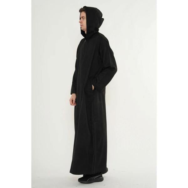 HM12 - Men's Hooded Suede Emirati Omani Zipped Thobe - Black - Thobez - 13