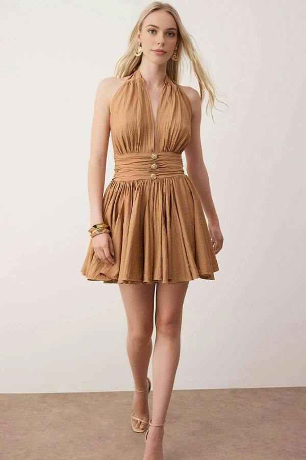 WOVCOR Skater Mini Dress with Button Detail