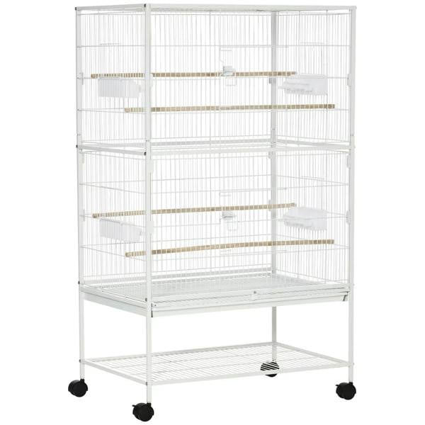 White large bird cage with rolling stand, slide-out tray, and storage shelf