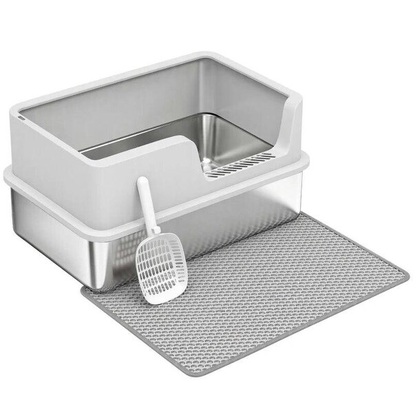 XL Stainless Steel Cat Litter Tray with Lid, High Sided Cat Litter Box with Scoop and Mat, Light Grey