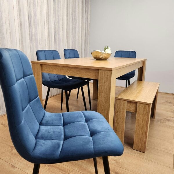 Kosy Koala Wooden Dining Table Set for 6 Oak Effect Table With 4 Blue Velvet Chairs and 1 Bench