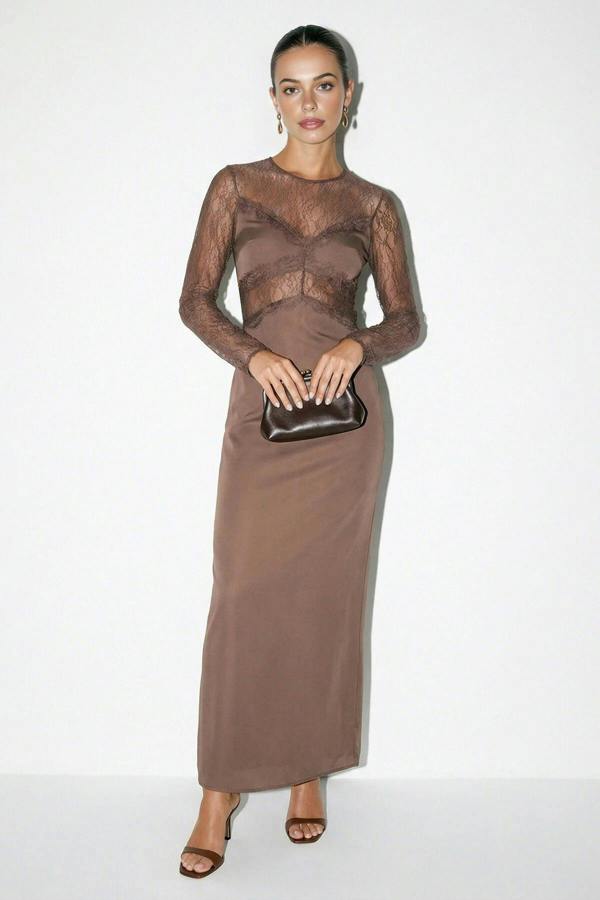 WOVCOR Satin Long Dress with Lace Details