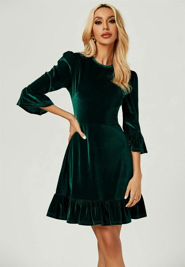 FS Collection Velvet Frill Detail Mini Dress In Green