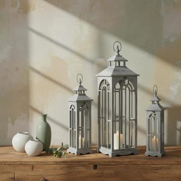 Wyld Haus Set Of Three Grey Washed Wooden Lanterns With Archway Design with Handle