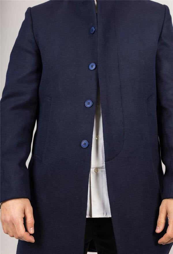Infinity Leather Men's Navy Stand Collar Wool Blend Overcoat