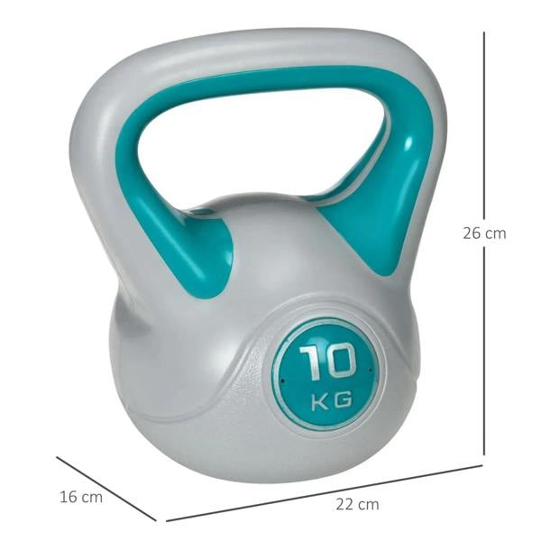 Light blue handle 10 kg kettlebell, grey body with round weight marking.