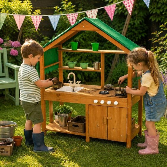 Neo Wooden Outdoor Mud Kitchen for Kids Working Sink Play Stove