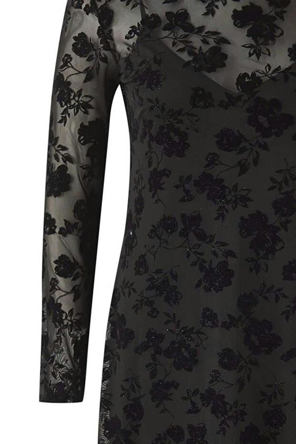 WOVCOR Crew Neck A-line Floral Pattern Maxi Plus Size Knitted Tulle Dress