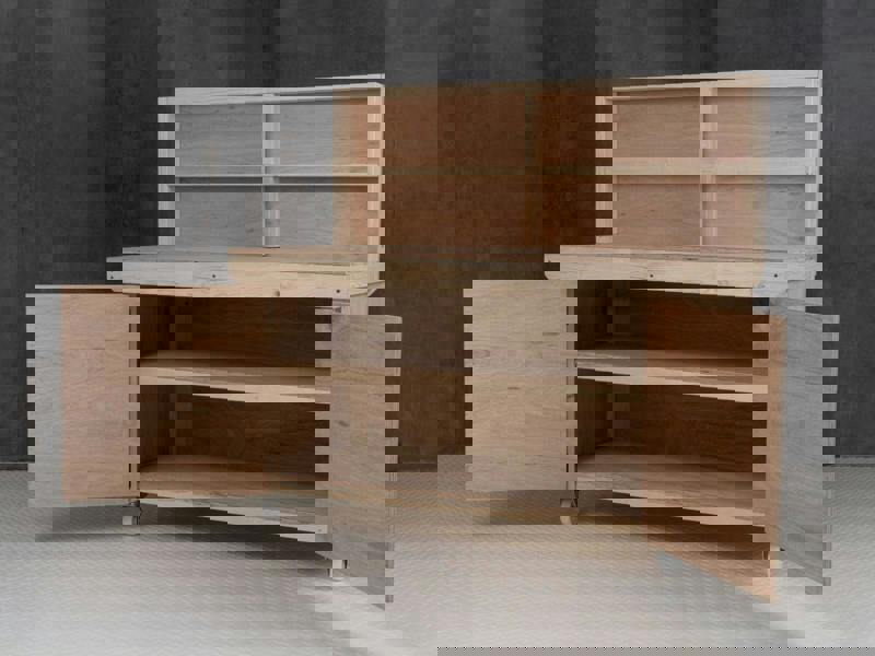 Arbor Garden Solutions Wooden Eucalyptus hardwood workbench with lockable cupboard (V.9) with back panel, double shelf, wheels