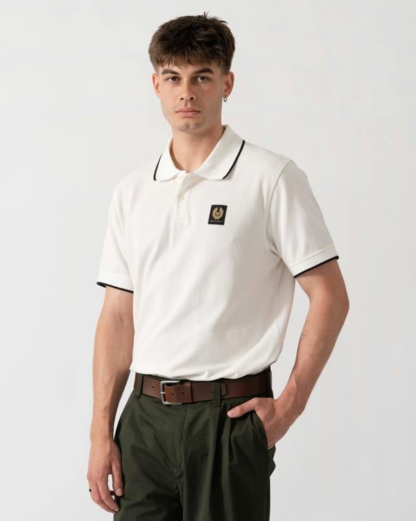 Belstaff Mens Tipped Polo Shirt - White | CHO | Designer Mens Short Sleeve Polo Shirts