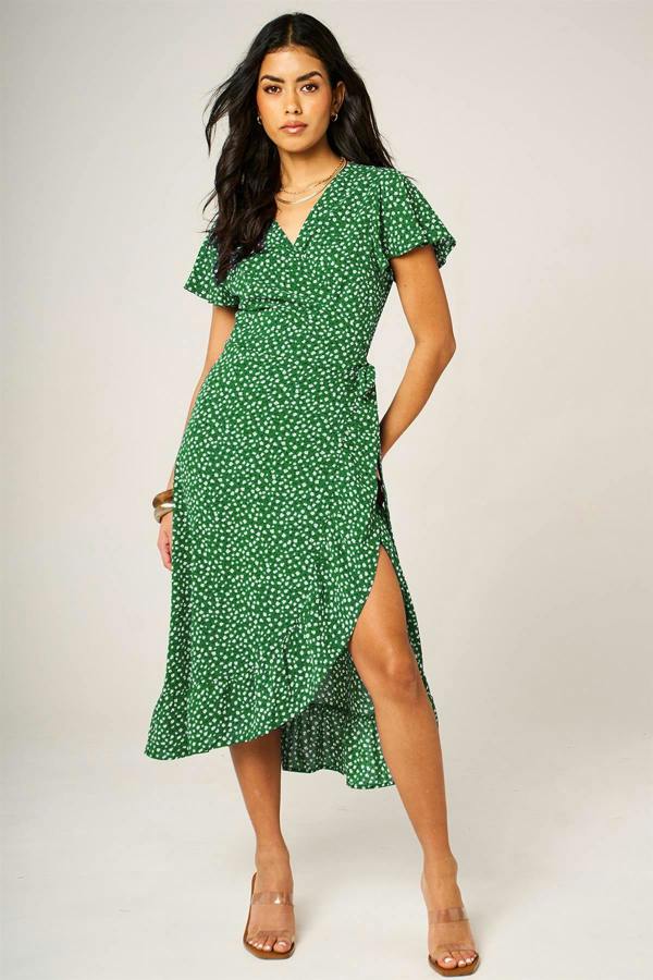 FS Collection Hem Frill Detail Little Floral Print Wrap Dress In Green