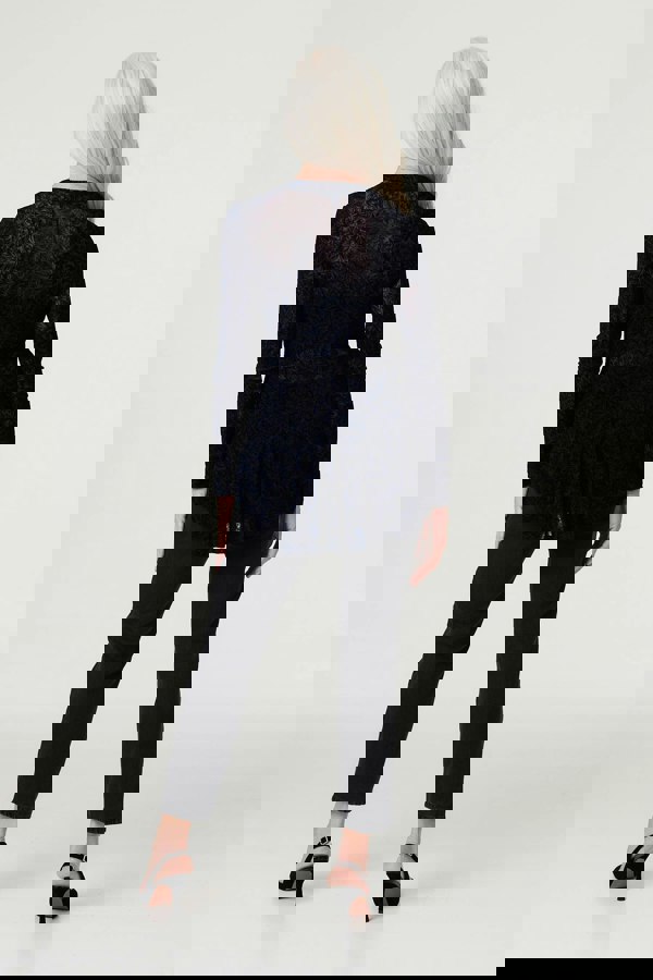 Navy | Sheer Lace Long Sleeve Peplum Top