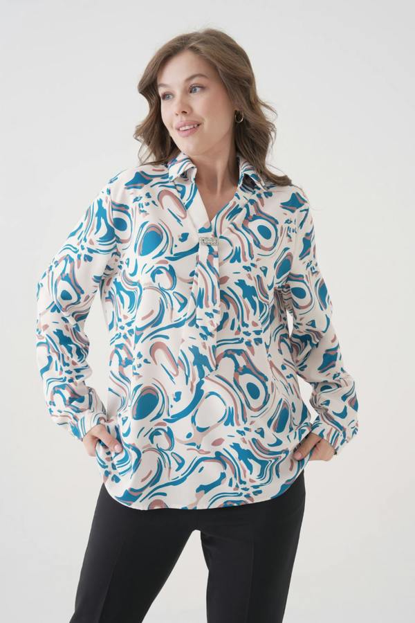 Hoxton Gal Relaxed Fit Long Sleeves Brooch and Print Detail Blouse