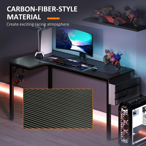 Wyld Haus Monotta 145cm Metal Black L Shaped Gaming Desk With Cable Management Fabric Storage and Hooks
