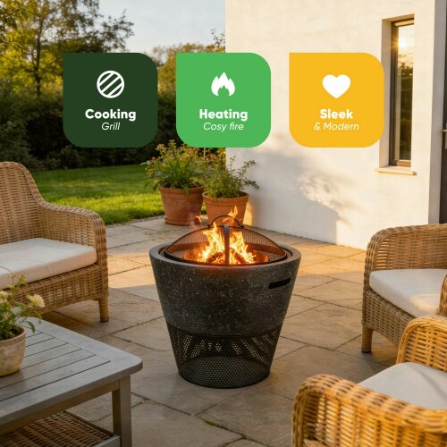 Gardenwize MGO Round Firepit BBQ with Log Storage – 2-in-1 Outdoor Fire Bowl & Grill