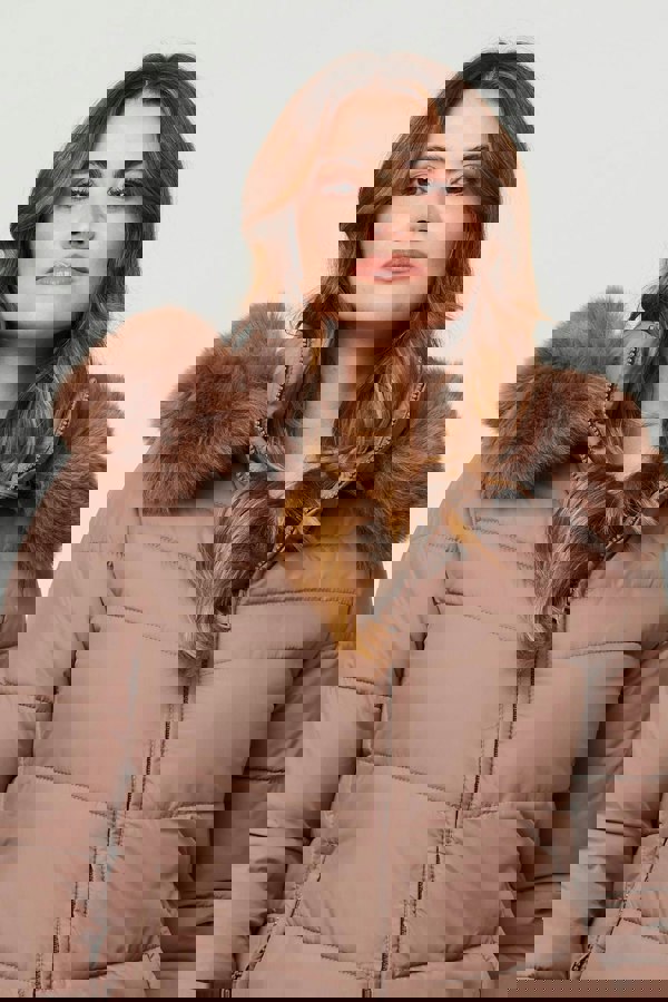 Beige | Faux Fur Hooded Longline Puffer Jacket
