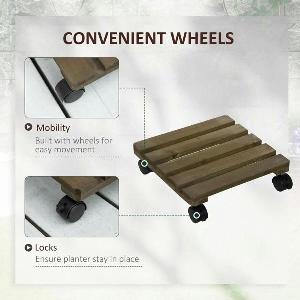 Dark brown wooden plant caddy with rolling wheels and secure locking base