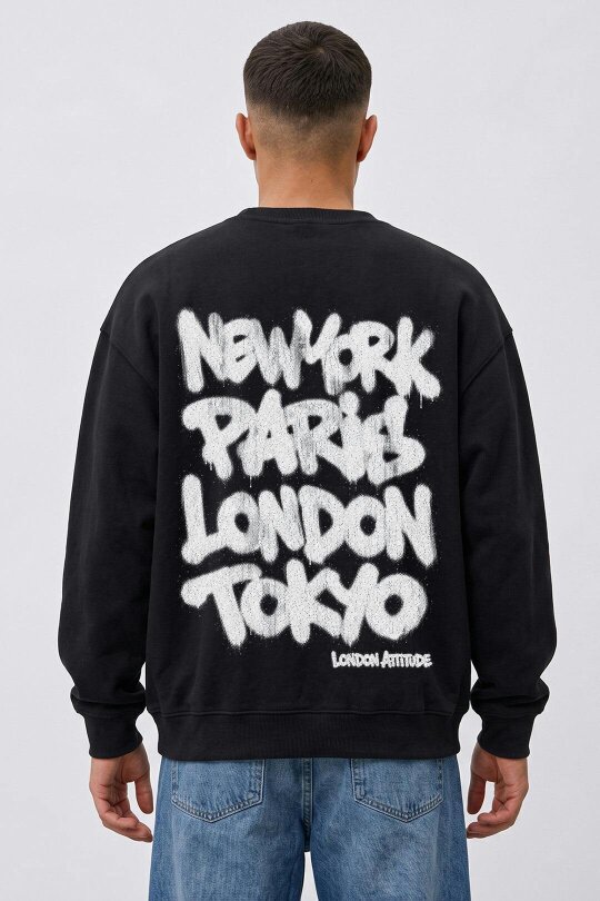 London Attitude Oversized Heavyweight City Graffiti Sweatshirt in Black