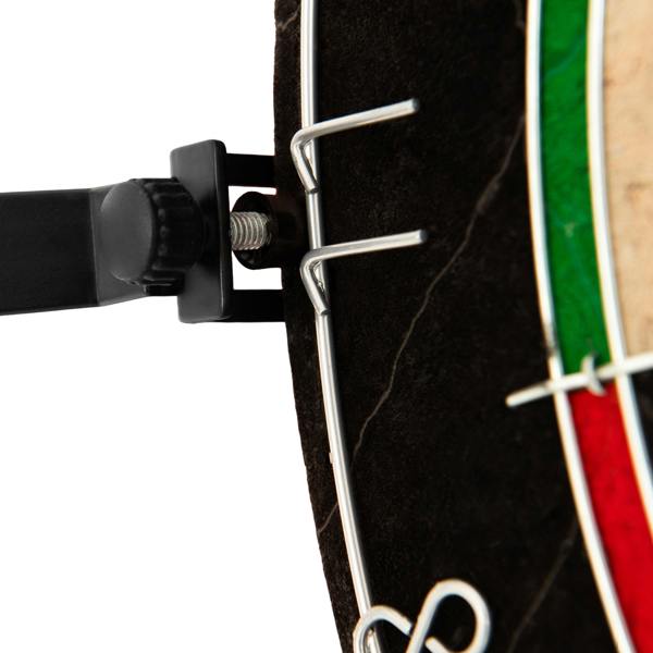 Close-up of a Dartboard LED Ring Light attachment, featuring a sturdy black clamp and metallic mounting hardware for easy installation