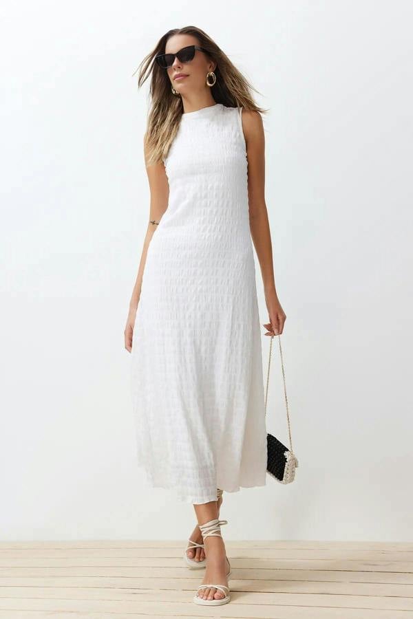 WOVCOR Plain Textured A-Line Neckline Textured Maxi Dress