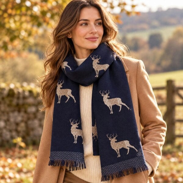 Love EMVY Reversible Stag Wool Blend Scarf - Navy
