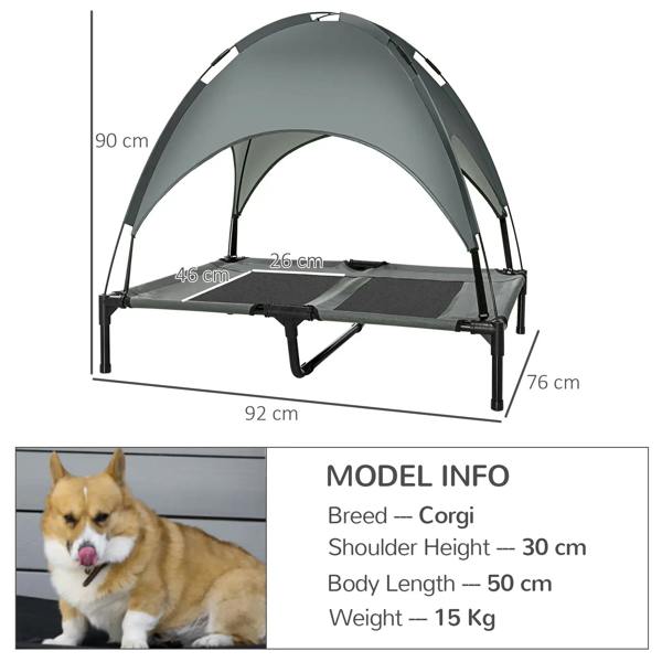 Grey elevated pet cot with canopy, shown with 92 x 76 x 90 cm dimensions