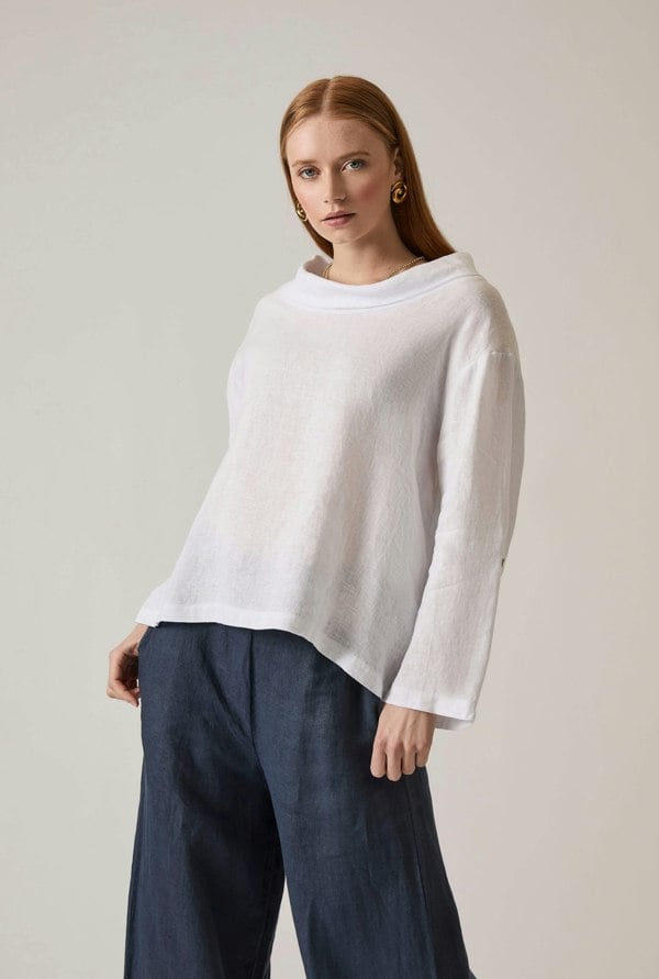 White linen top with draped cowl neckline