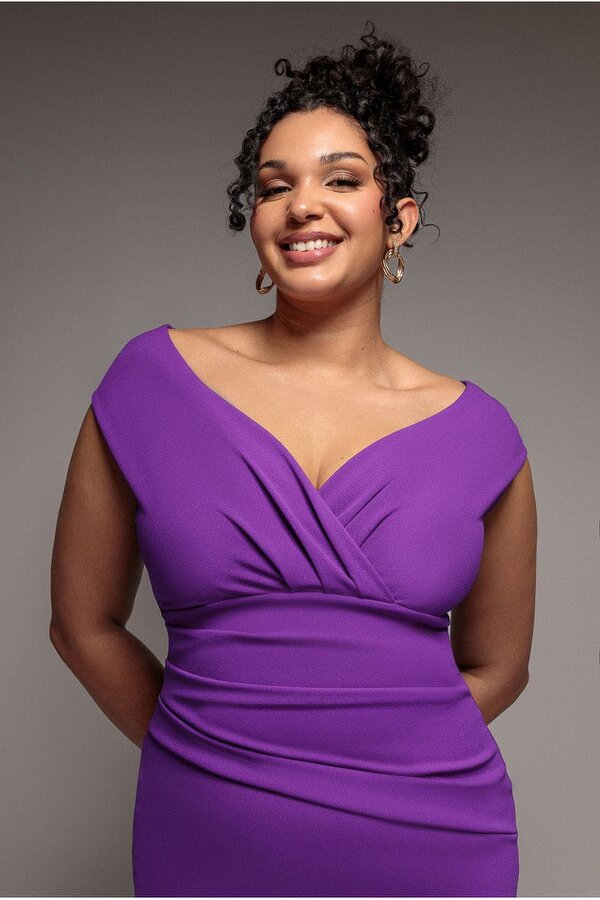 Goddiva Plus Scuba Bardot Pleated Midi Dress - Purple by Goddiva Plus